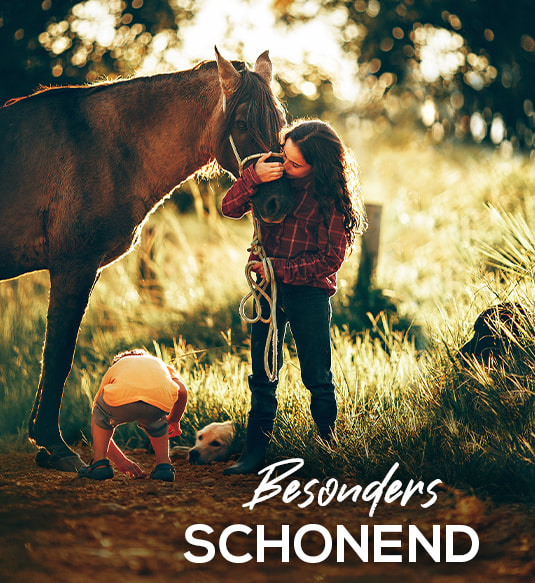 Kind streichelt Pferd auf Wiese, ein weiteres Kind beugt sich zum Boden. Text im Bild: Besonders schonend.